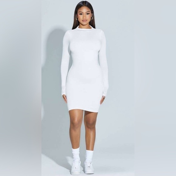 naked wardrobe Dresses & Skirts - NWT Naked Wardrobe The New Mini Dress, Size Large, White Stretch Long Sleeve
